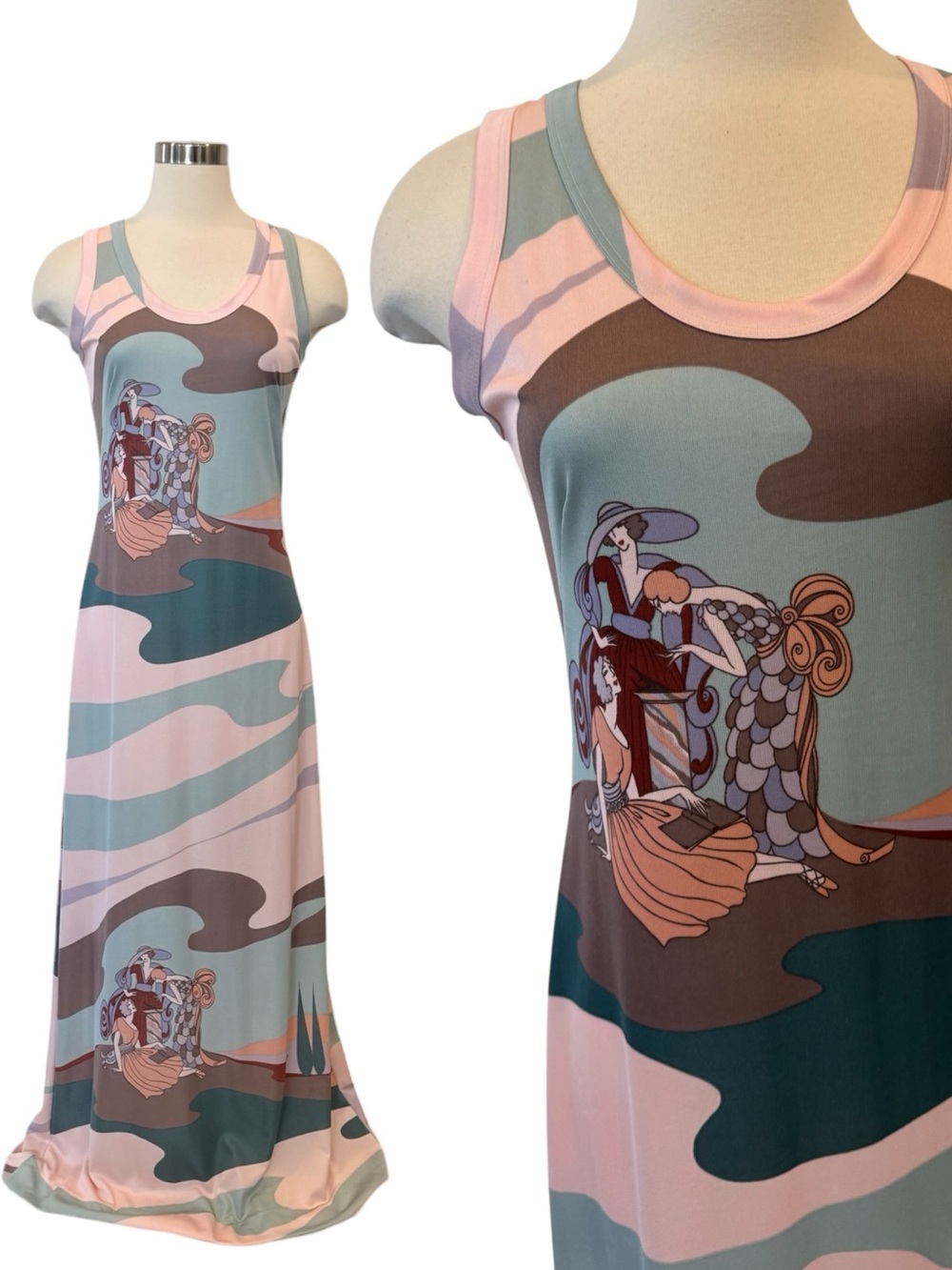 Amazing Vintage Art Nouveau Print Pink 60s 70s Maxi Column Gown Sleeveless Dress - Picture 10 of 10